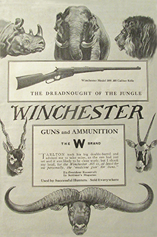 Comparing the Winchester .405 to the powerhouse dreadnought battleship was a forceful analogy. This ad appeared in the July, 1910 issue of Outdoor Life.